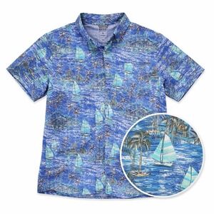 IZOD Men's Saltwater Chambray Button Up Shirt Blue Sailboats Size XL Tropical